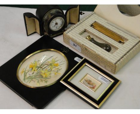 Cased travel clock, watercolour, sealing wax set and a plaque on sterling silver.