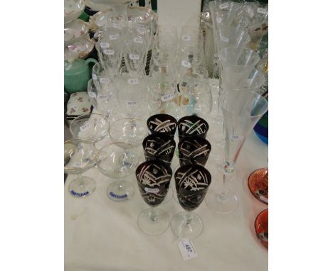 Ruby overlay cut-glass goblets, hock glasses, etc.