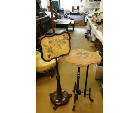 A Victorian mahogany occasional table with needlework shaped top on a ring turned base and a 19th century rosewood pole scree