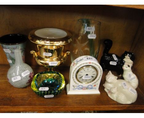 Wedgwood clock, Royal Worcester cat, Mdina vase, etc.
