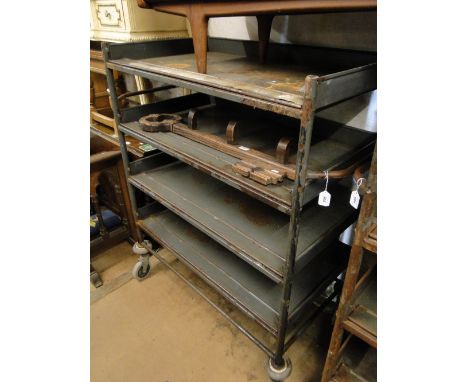 An industrial grey metal Post Office 4-tier wheeled trolley, height 4'4", width 4'4".