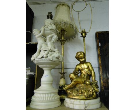 A table lamp with cherub support on alabaster plinth, a table lamp and shade and a table lamp supported by 2 cherubs, (3).