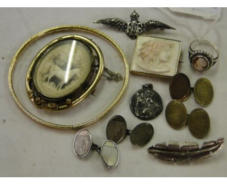 Victorian giltmetal brooch with an inset carved ivory panel, 9ct gold with metal core bangle, silver cufflinks, brooches, Cam