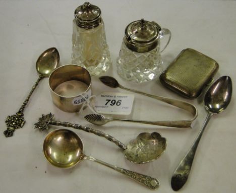 Silver sugar tongs, teaspoon, napkin ring, small engine turned match case, silver topped mustard pot and pepperette, 3.9 oz w