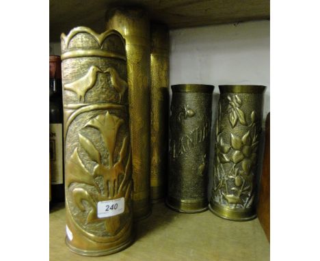 2 Pairs of First World War Trench Art shell cases and another, (5).