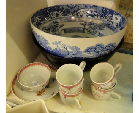 Chinese blue and white dish, early painted tea bowl and saucer, Spode bowl, etc.