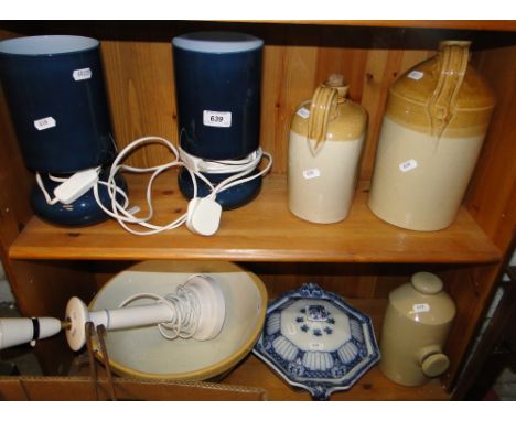 Tureen, mixing bowl, pair of blue glass lamps, etc.