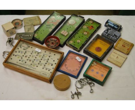 A box of Vintage games including 3 tinplate Bagatelle games.