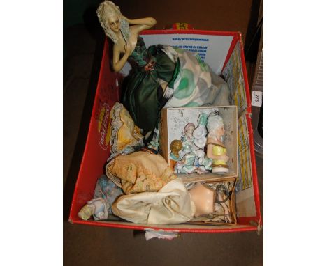 Porcelain half dolls, pin cushion doll, etc.