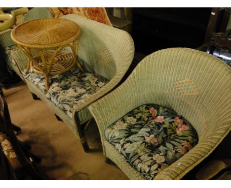 A wicker 3-piece conservatory suite, comprising a 2-seater sofa, pair of matching armchairs and similar circular coffee table