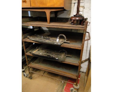 An industrial grey metal Post Office 4-tier wheeled trolley, height 4'4", width 4'4".
