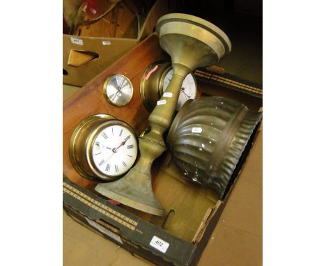 A sewing machine, brass clock and barometer, etc.