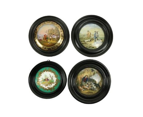 A pair of 19th Century Prattware Pot Lids, 'The Game Bag,' and 'The Sportsman,' 4'' (10cms); together with a Sevres style cir