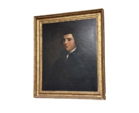 19th Century Irish School  "Portrait of a Young Gentleman with black hair and white collar wearing a dark overcoat," O.O.C., 