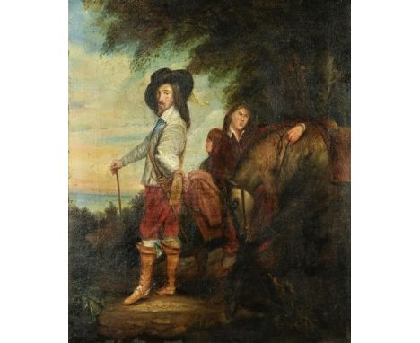 After Anthony Van Dyck (1599 - 1641)  "Portrait of King Charles I in Hunting Attire by his Horse and two Servants under a Tre