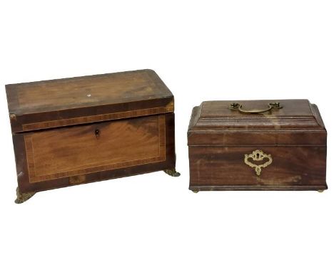 A fine quality Georgian mahogany inlaid and crossbanded Tea Caddy, with three sections on brass paw feet, together with a Geo