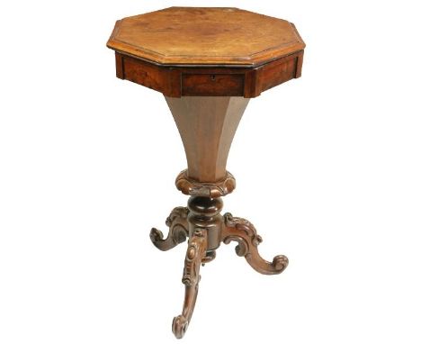 A Victorian octagonal shaped rosewood Ladies Work Table, the hinged top with a baize lined interior, on an octagonal tapering