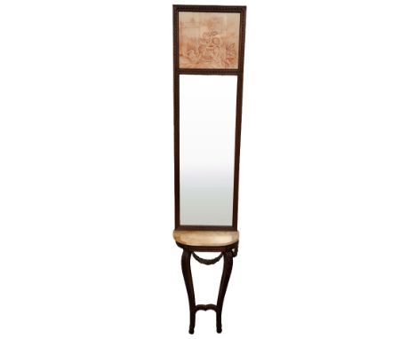 A carved walnut demi-lune Console Table, with ribbon moulded frieze and hanging leaf swags on two leaf carved cabriole legs a