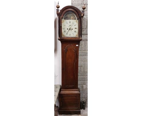 A late 18th / early 19th Century oak cased dome top Grandfather Clock, the arched glazed door housing a painted dial with Rom