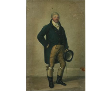 Early 19th Century English 'Full length Portrait of a Gentleman holding a top hat and hunting crop, wearing a dark blue jacke