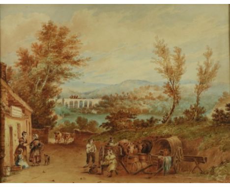 Attributed to Robert Lowe Stopford (1813-1898)  'Extensive Landscape with Animals and Figure Chatting outside John Murphy's P