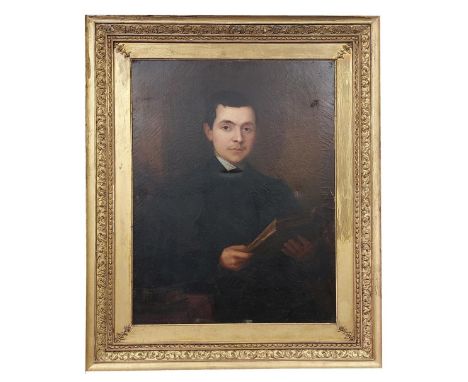 J.B. Brennan, A.R.H.A. (1825-1889) 'Portrait of a Young Cleric, holding a book seated by a table,' O.O.C., approx. 90cms x 70