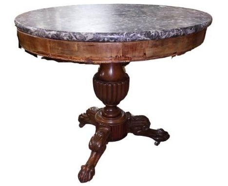 A William IV circular Occasional Table, with grey fossilized marble top over frieze with chequered rim (damaged) on ornate ca
