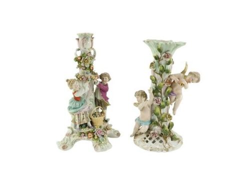 A Sitzendorf porcelain Table Lamp, with flowers and two cupids surmounted; and a Sitzendorf Centerpiece decorated with childr