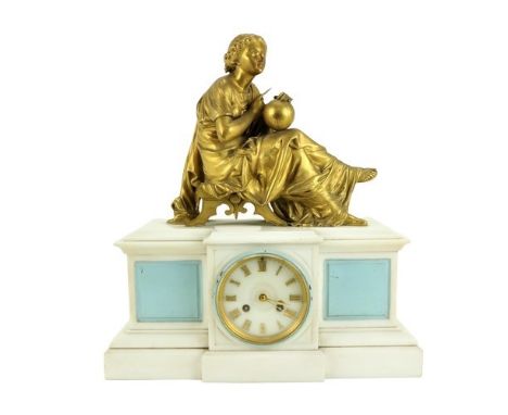A heavy Victorian white marble Mantle Clock, of breakfront outline and with large gilt metal figure of Lady holding globe and