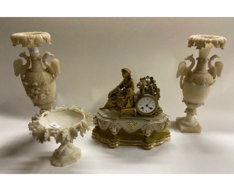 A Victorian ormolu mounted figural Mantle Clock, on alabaster body, and on gilt wooden stand, a pair of tall alabaster Vases 