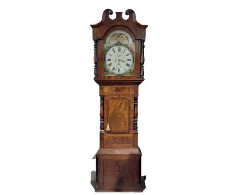 An Edwardian oversized mahogany Grandfather Clock, the swan neck pediment cornice with brass finials surmounted over glazed d