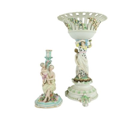 A Sitzendorf porcelain Candlestick, modelled with Woman and Infant, 12 1/2'' (32cms), on square serpentine base; together wit