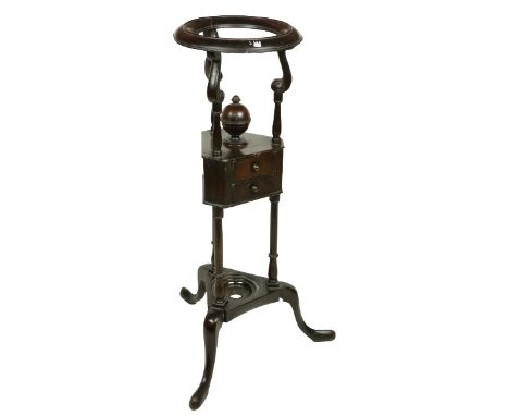 A Georgian style mahogany Wig Stand, with two small frieze drawers on tripod stand. (1) 