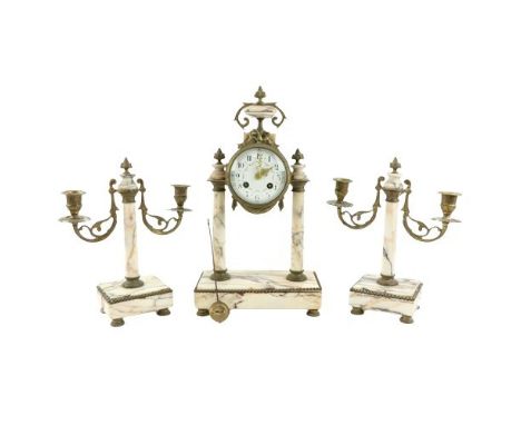 An attractive speckled marble Clock Garniture, the Clock with circular floral decorated enamel dial by F. Martin, Paris, supp