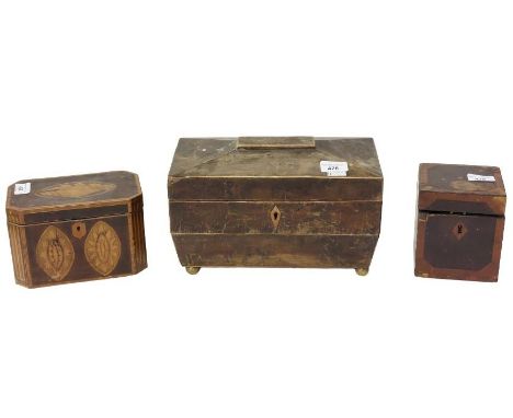 A Georgian mahogany Tea Caddy, with shell inlay and crossbanding; together with a sarcophagus shaped Tea Caddy with fitted in