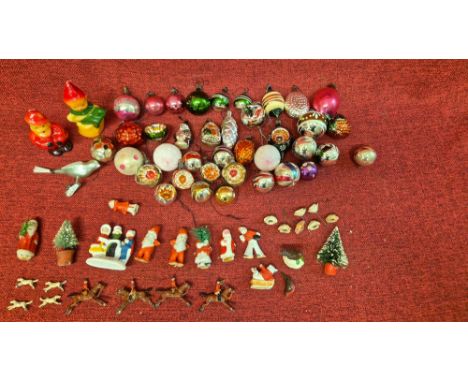 Vintage mercury glass Christmas baubles, cake decorations, miniature die cast hunting figures and Prices novelty candles.