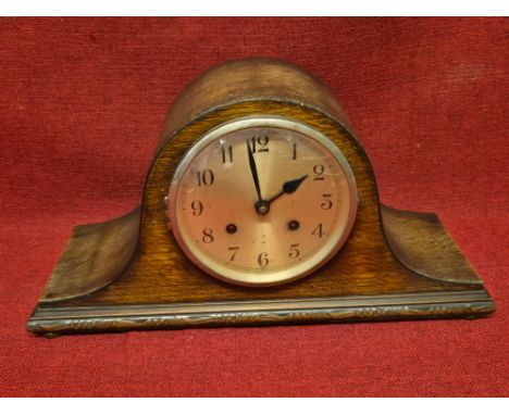1930's oak Napoleon helmet style chiming mantle clock.