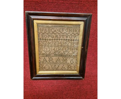 Small Victorian framed sampler by Sarah age 6, 24 x 28cm in frame.