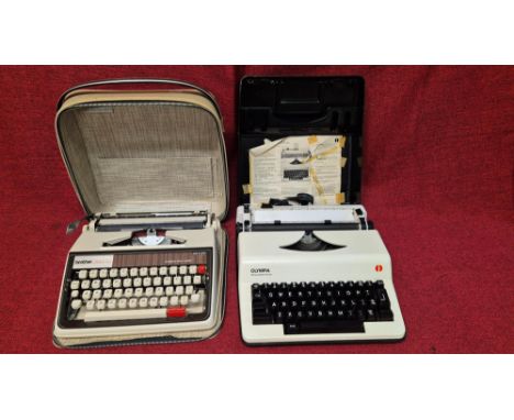 Brother Deluxe 1350 portable typewriter in case and Olympia Monica electric portable typewriter.