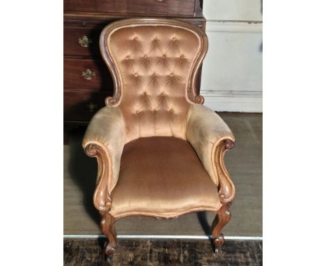 Victorian mahogany spoon back chair with button upholstery.