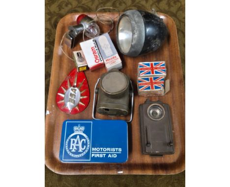 Vintage RAC First Aid kit and motoring memorabilia to include WWII blackout torch, BSA motorcycle side panel badge, Mazda and