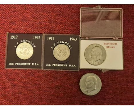 Vintage US coinage, 2 x J.F. Kennedy cased half dollars, 1972 Eisenhower Dollar and similar 1971 Dollar.