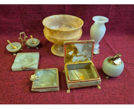 Vintage Onyx table smoking set comprising cigarette box, table lighter an ashtray together with other onyx bowls and vase.