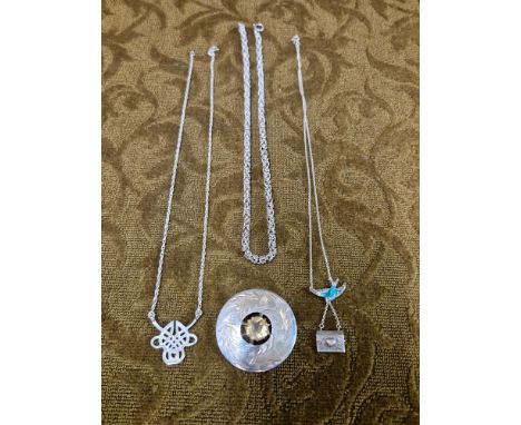 Silver Celtic brooch and necklet,41cm silver Byzantine necklace and silver chain with enamel bird and envelope.