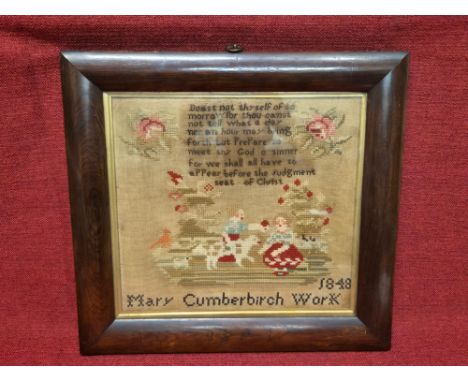 An early Victorian rosewood framed sampler, Mary Cumberbirch Work 1848, 43 x 40cm frame.