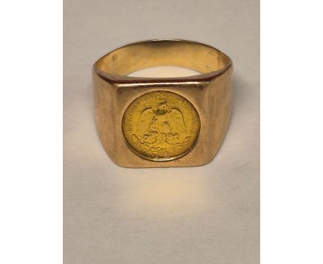 1945 Mexican Dos Pesos gold coin ring in 9ct mount, 8.5g in total.