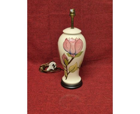 Moorcroft Magnolia pattern table lamp standing 46cm tall.