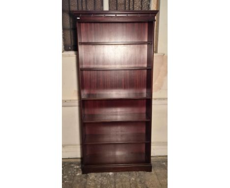 Modern mahogany tall 6 shelve bookcase with adjustable shelf height, 90 wide x 31 deep x 189cm tall.