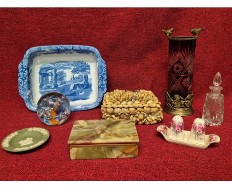 Mixed tray lot to include WMF type vase, Spode Italia vegetable dish, glass dump, scent bottle and shell and onyx cigarette b