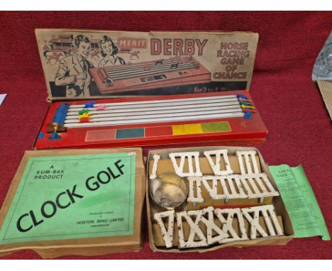 Vintage Merit Derby horse racing game of chance and Kum-Bak Clock Golf game with cast iron numerals. 